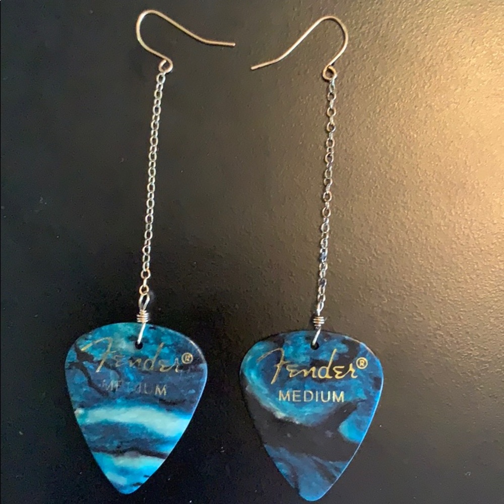 Fender guitar pick earrings on long chain